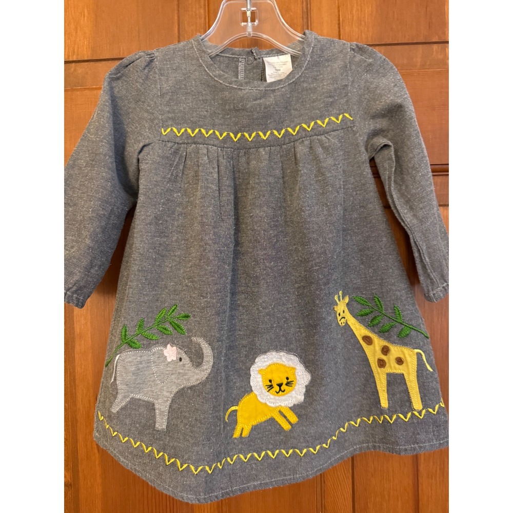 Toddler Girls Embroidered Zoo Animal Dress Size 18 Months Gray Long- Sleeve